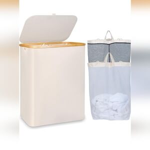 iEGrow 150L Laundry Basket with Lid, Large Laundry Hamper with Bamboo Handle, Co
